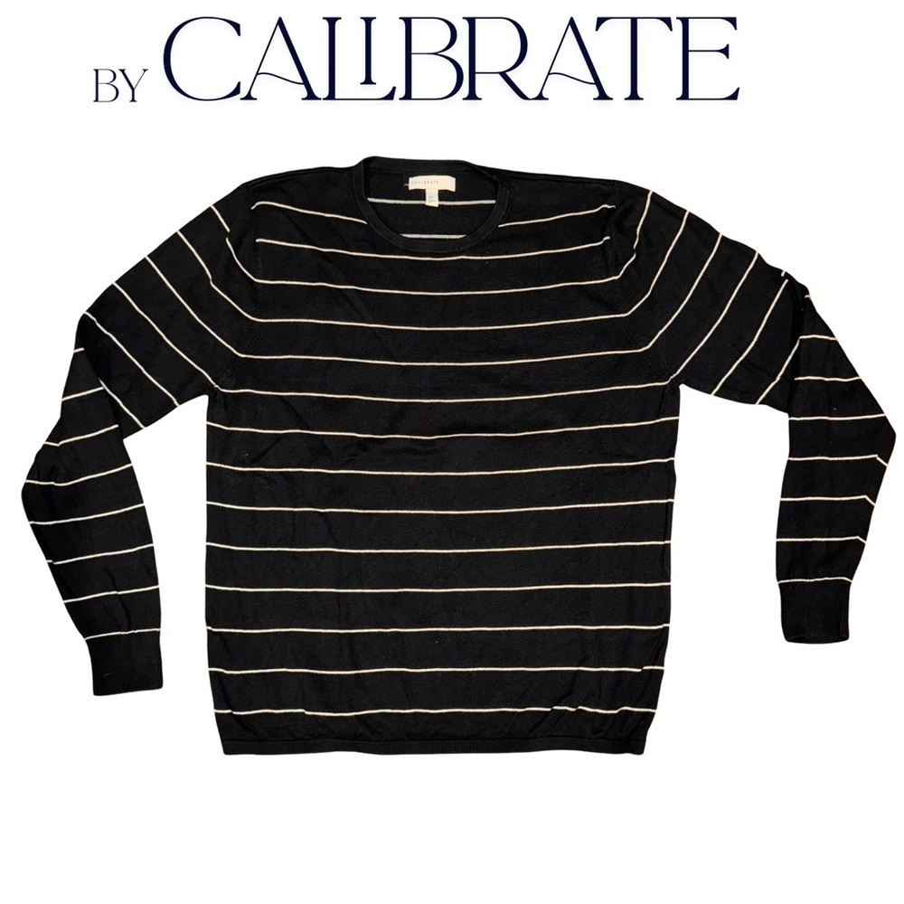 C2 by Calibrate Black and White Striped Crewneck Sweater